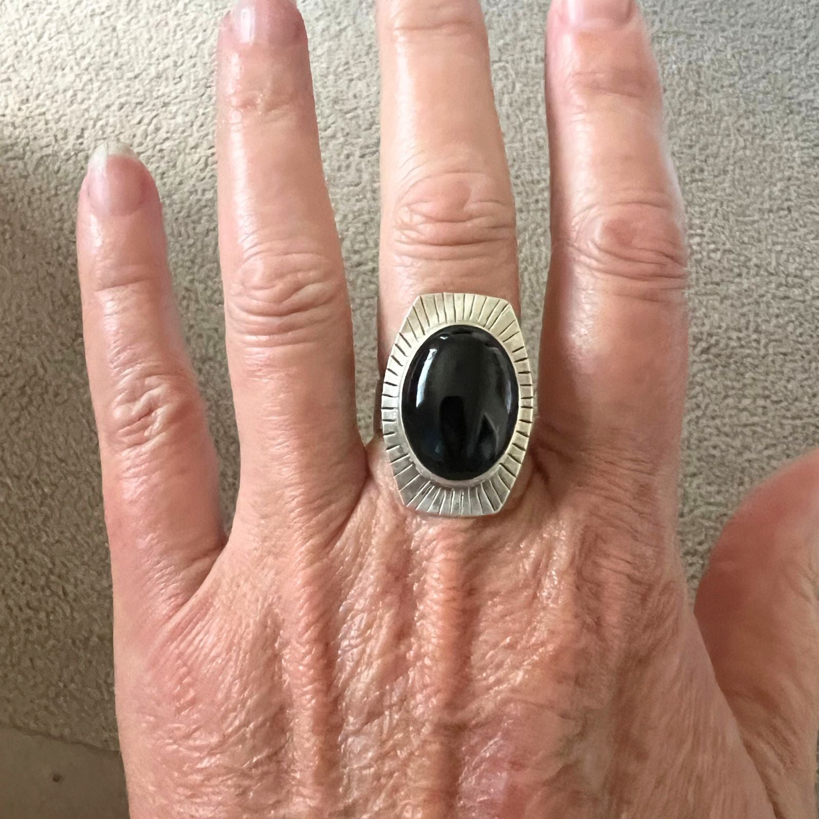 Black Jade and Sterling Silver Ring, Size 8