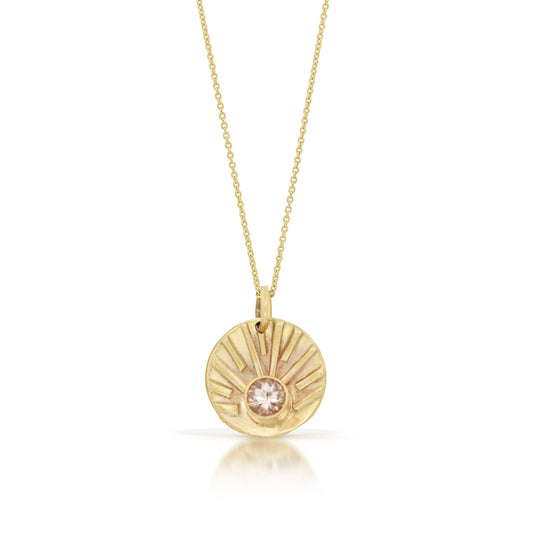 Morganite 14K gold sun necklace by Jen Lesea Designs