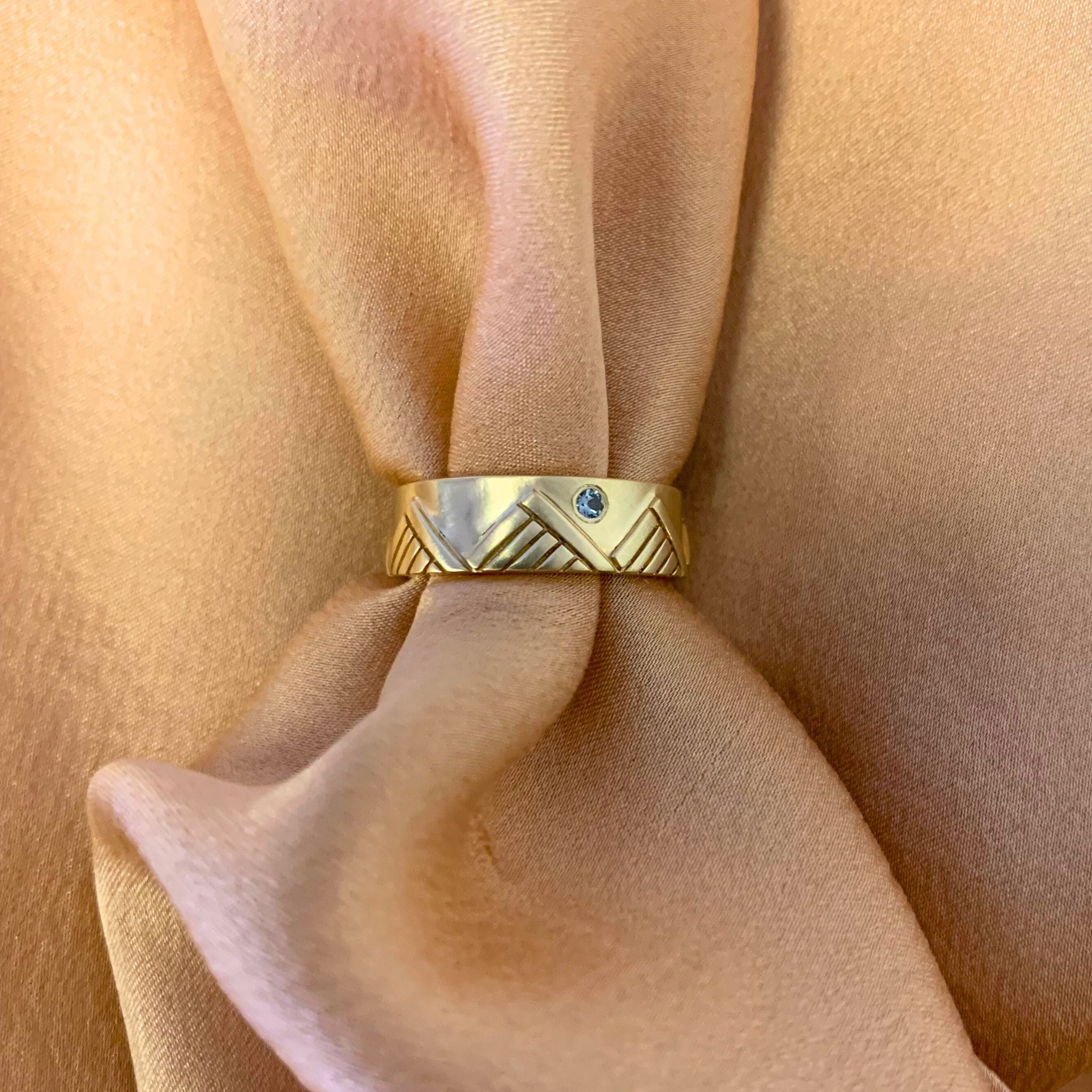 14K gold mountain ring with sapphire by Jen Lesea