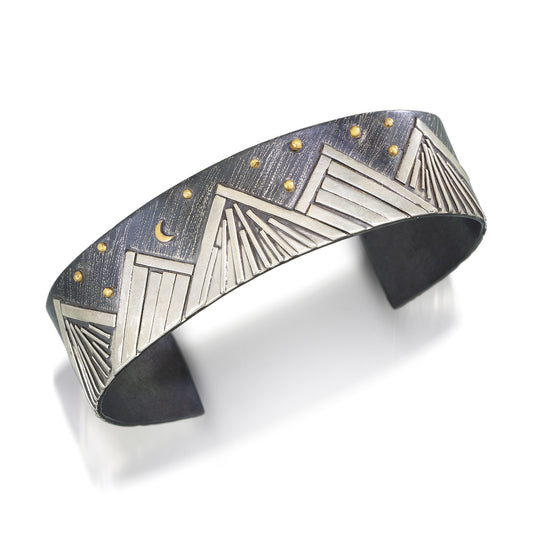 Sterling silver mountain cuff bracelet with 18K gold by Jen Lesea Designs