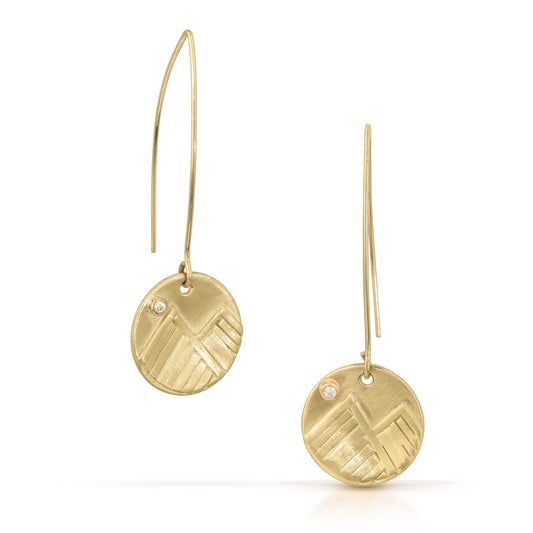 Gold and diamond mountain dangle earrings by Jen Lesea Designs