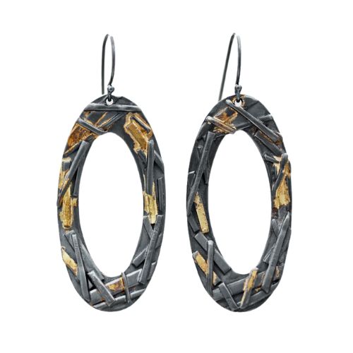 Mixed Metal Oval Earrings: Oxidized Sterling Silver and 14K Gold