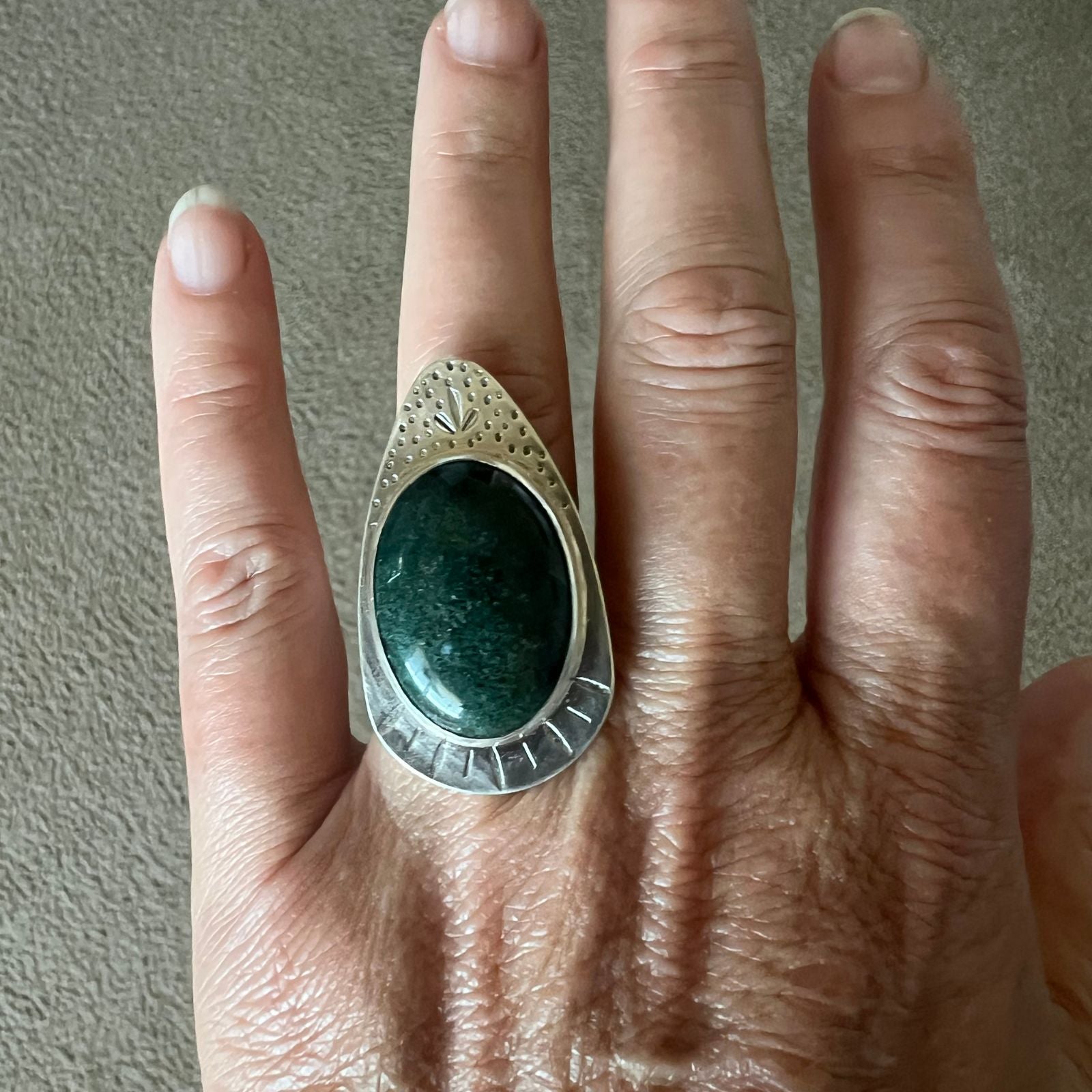 Moss Agate and Sterling Silver Ring, Size 7