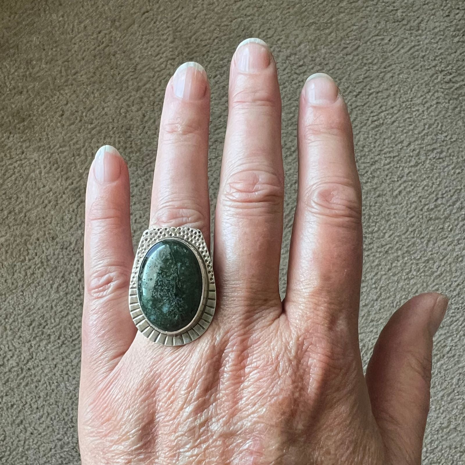 Moss Agate and Sterling Silver Ring, Size 8