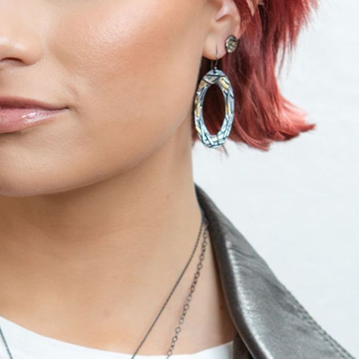 Mixed Metal Oval Earrings: Oxidized Sterling Silver and 14K Gold