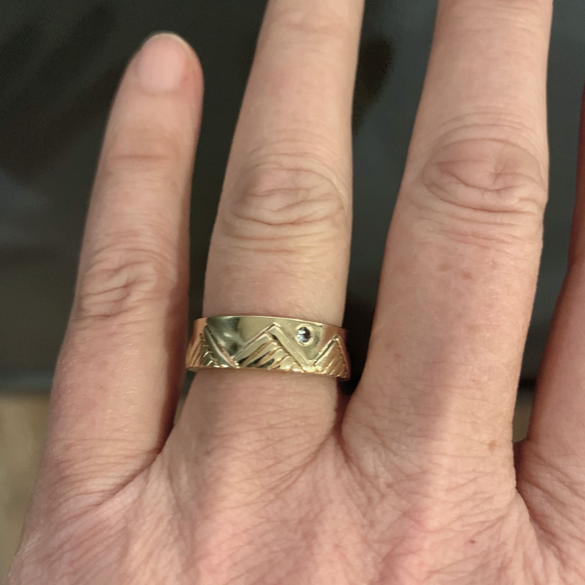 14K gold mountain ring on model