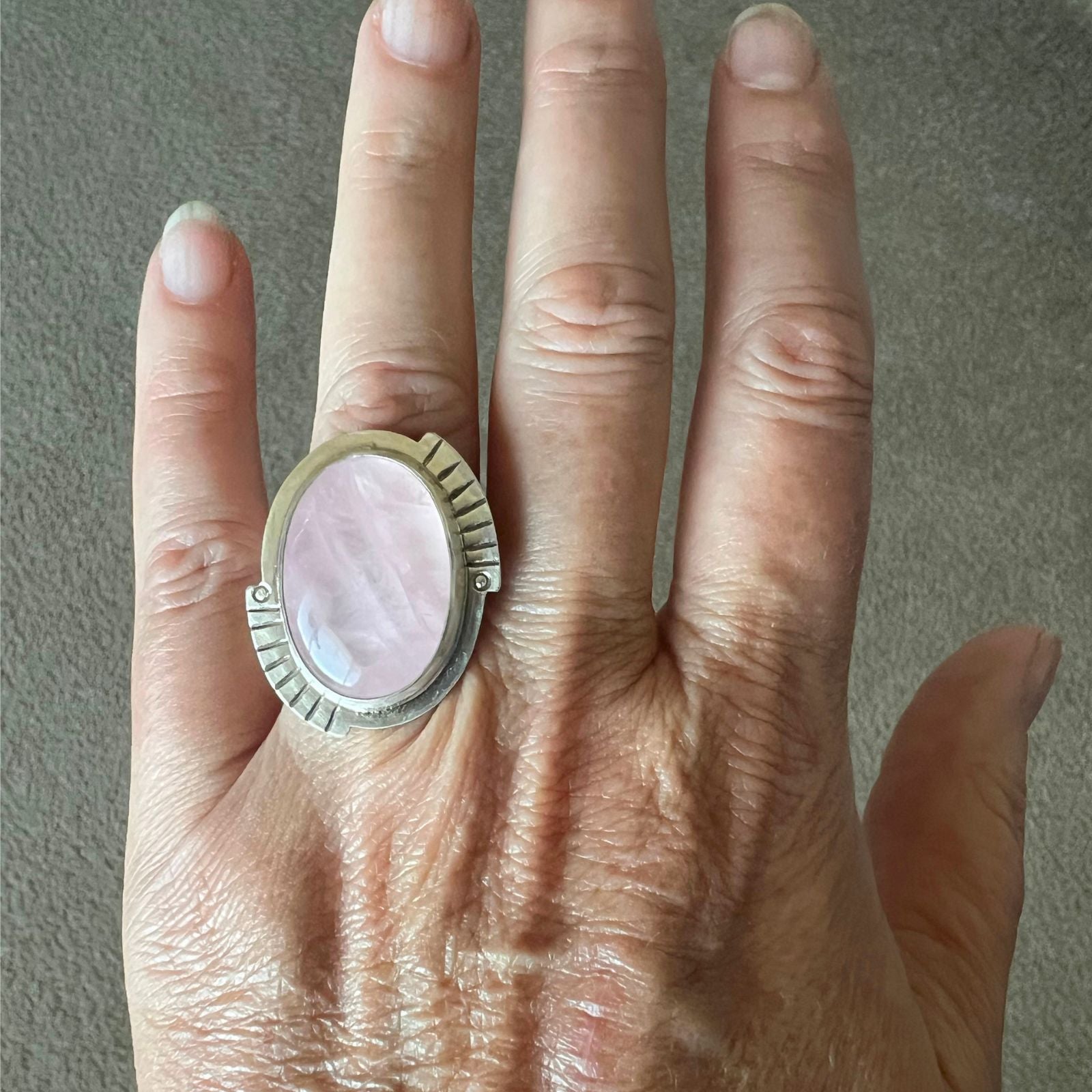Rose Quartz and Sterling Silver Ring, Size 7.5
