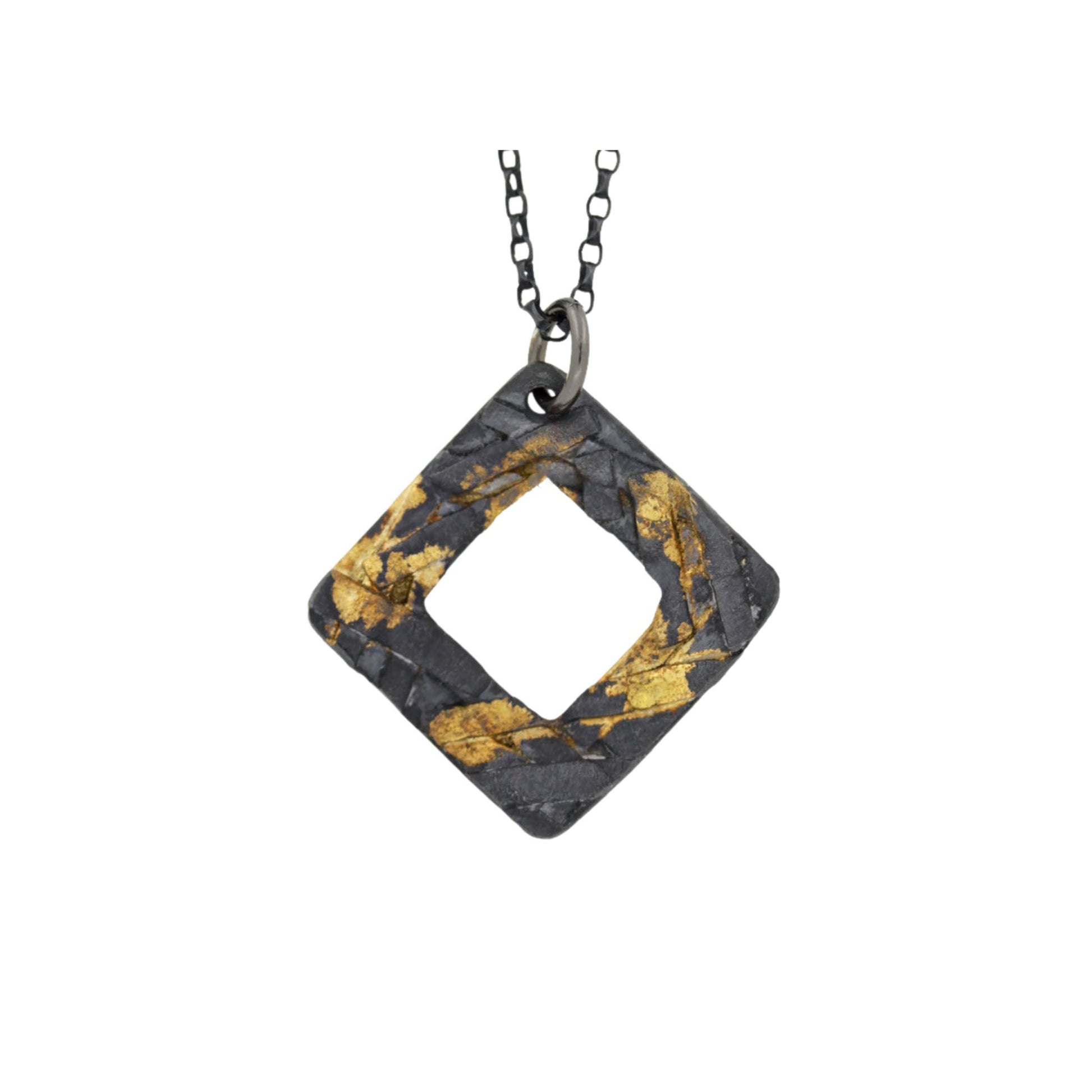 Oxidized silver and gold square washer necklace