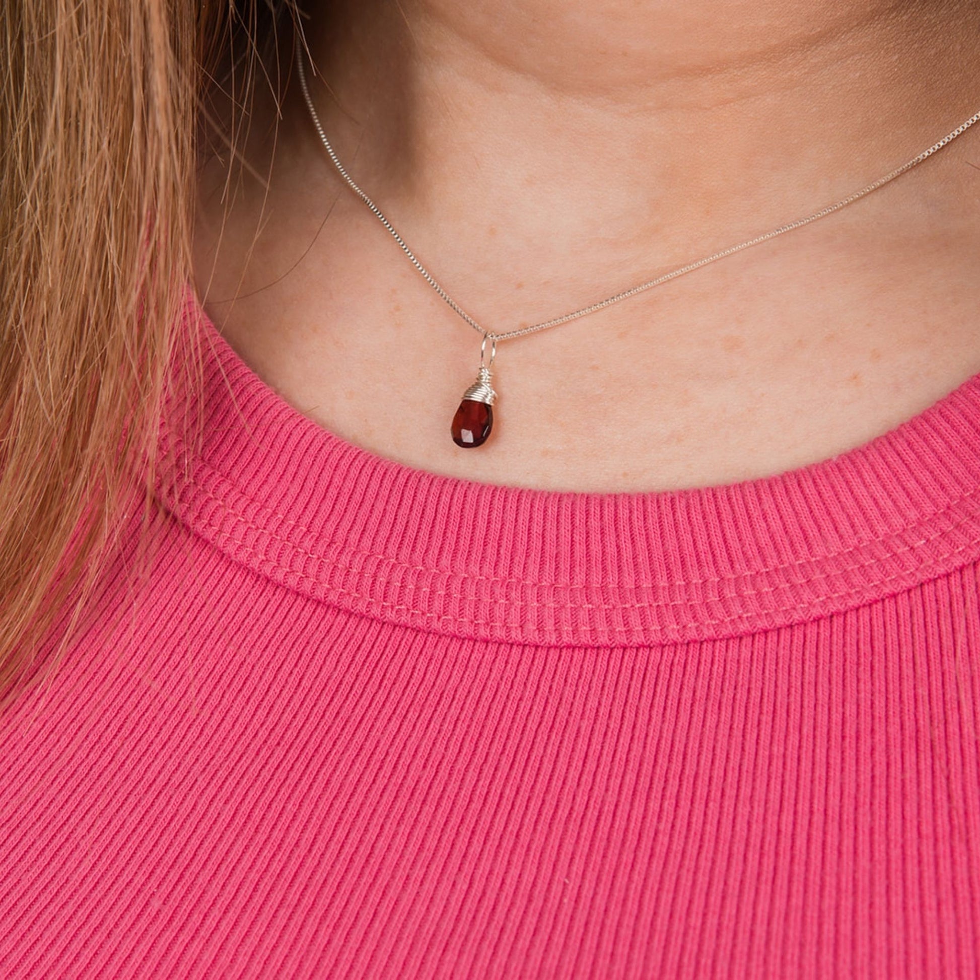 January birthstone silver necklace closeup