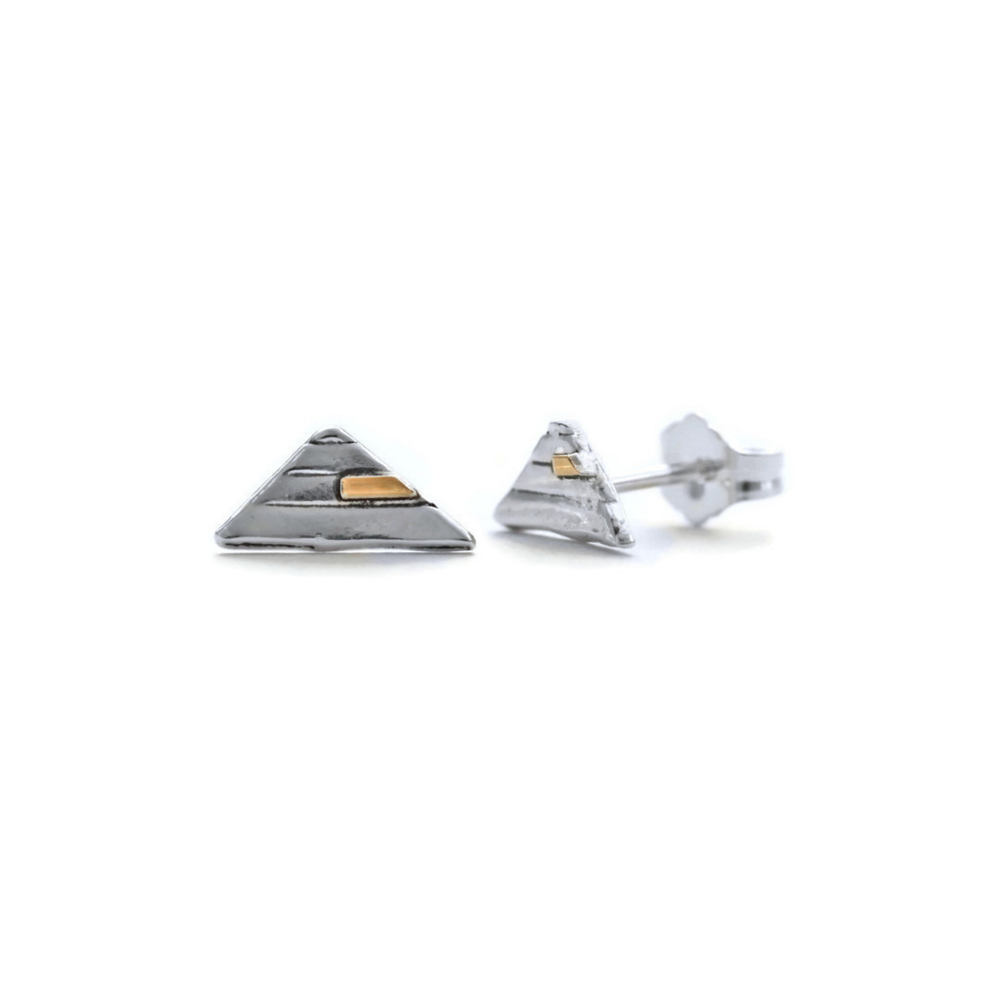 Lightly oxidized mixed metal triangle stud earrings