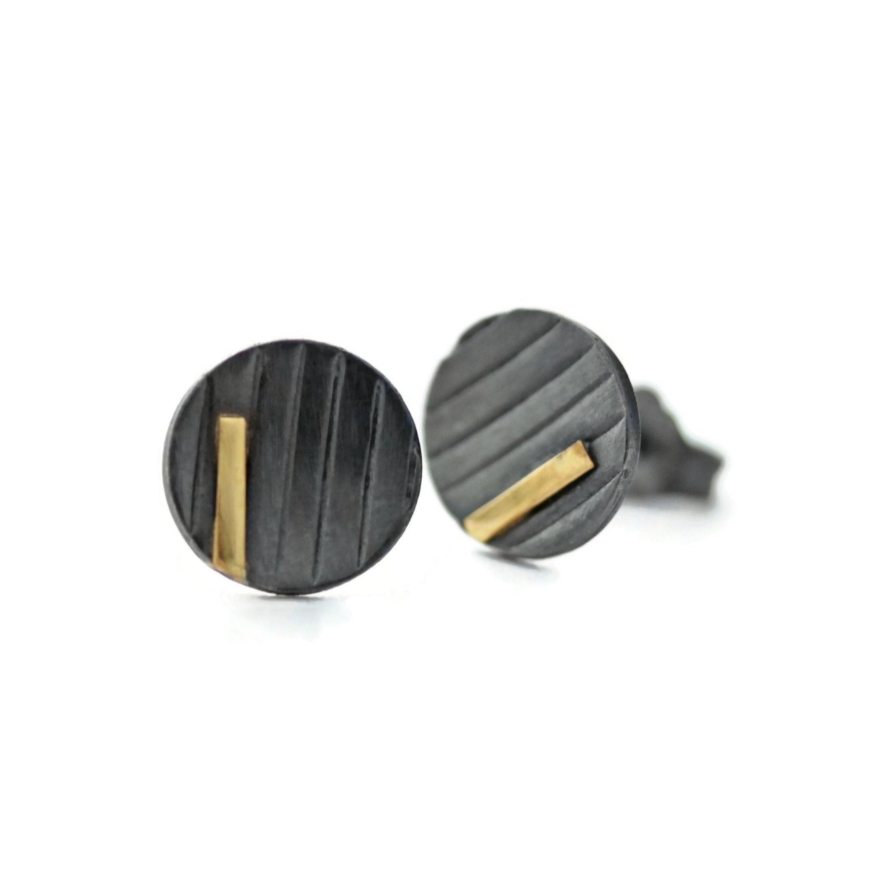 Disc earrings in oxidized silver and gold by Jen Lesea Designs