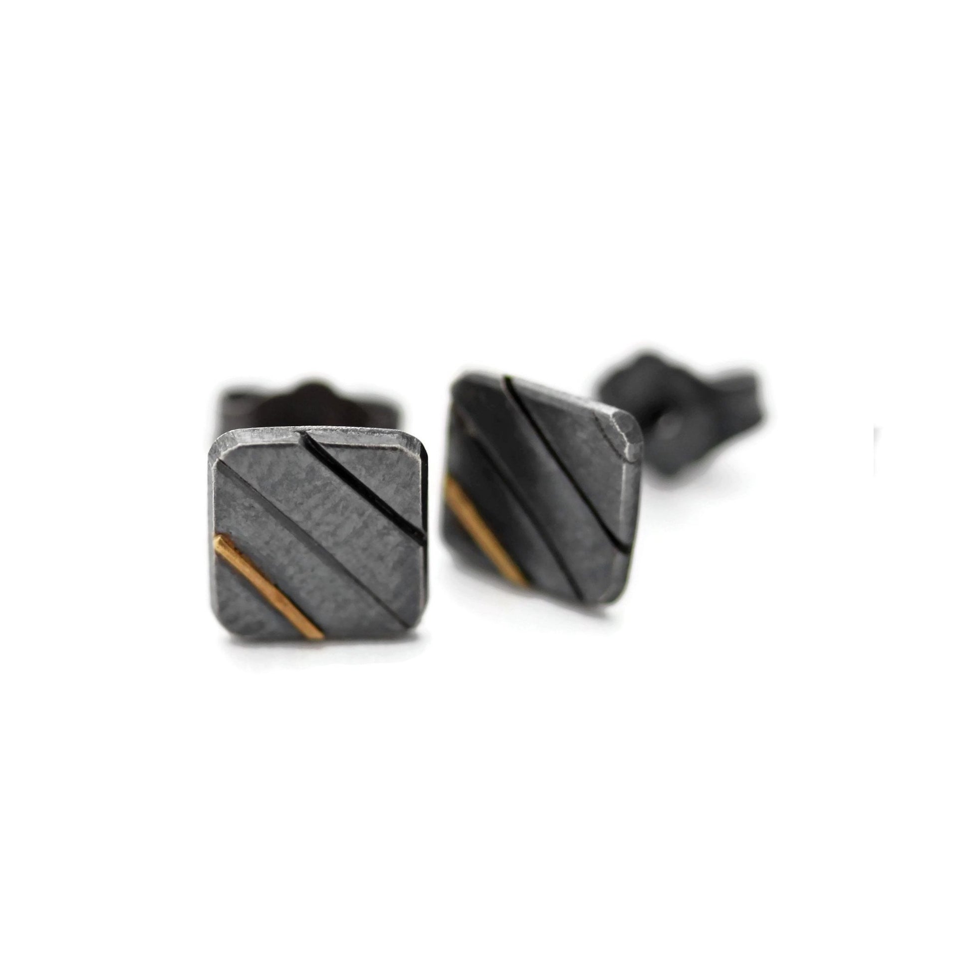 Square stud earrings in oxidized silver and gold